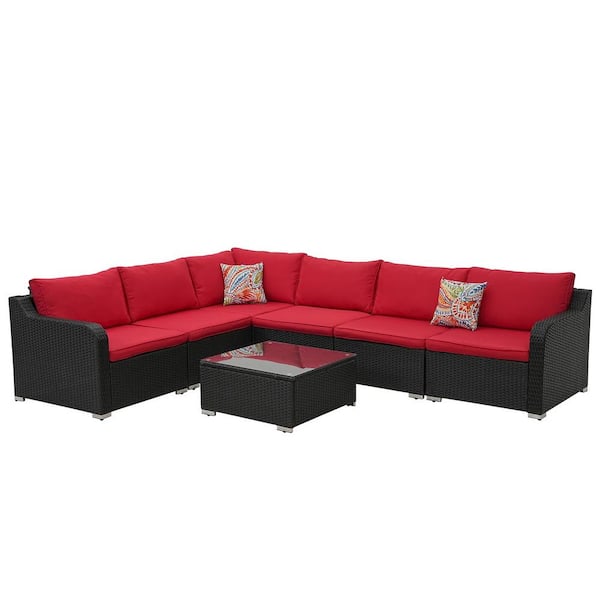 Cesicia 7-Piece Wicker Patio Furniture Set, Outdoor Sectional Sofa Set All Weather Patio Furniture Set with Red Cushions