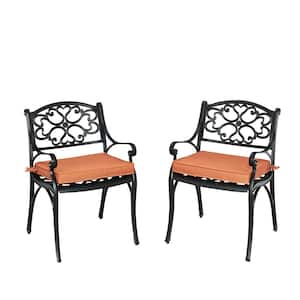 Sanibel Black Stationary Cast Aluminum Outdoor Dining Arm Chair with Coral Cushion (2-Pack)