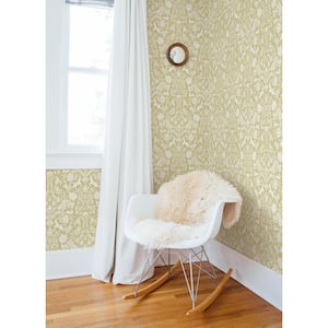 Yellow Fabric Pre-Pasted Matte Forest Dance Honey Damask Strippable Wallpaper