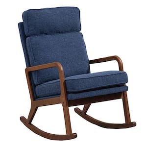 2 in 1 Navy Blue Wood Convertible Indoor/Outdoor Rocking Chair, Lounge Chair with Cushions, High Backrest and Armrest