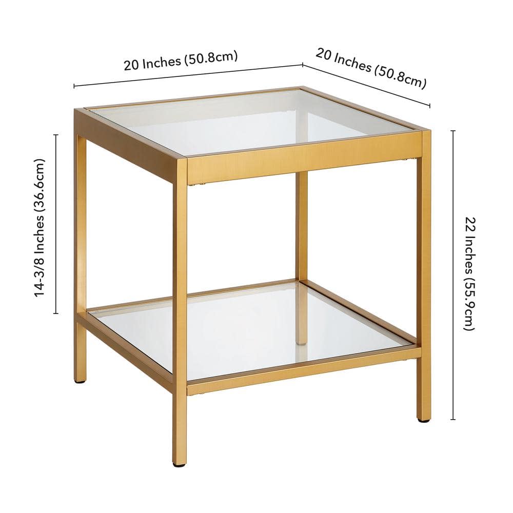 Sleek 20" Brass Square Side Table with Glass Shelves
