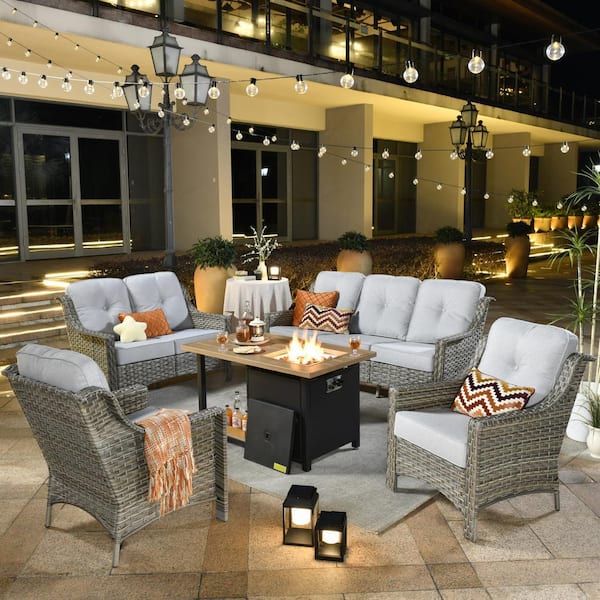 XIZZI Crius Gray 5-Piece Wicker Patio Rectangular Fire Pit Set with Light Gray Cushions