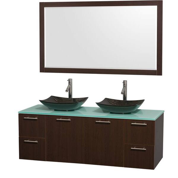 Wyndham Collection Amare 60 in. Double Vanity in Espresso with Glass Vanity Top in Green, Granite Sinks and 58 in. Mirror