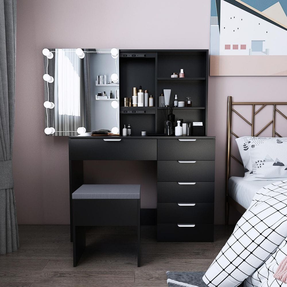 2-Piece Black Makeup Vanity Set with Adjustable Mirror