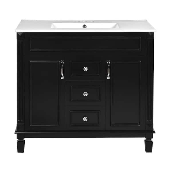 18.10 in. W x 28 in. D x 35 in. H Bathroom Single Sink Linen Cabinet with 2 Soft-Close Doors and 2 Drawers, Black