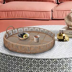 Brown Round Shaped Bamboo Tray with Curved Handle (Set of 2)