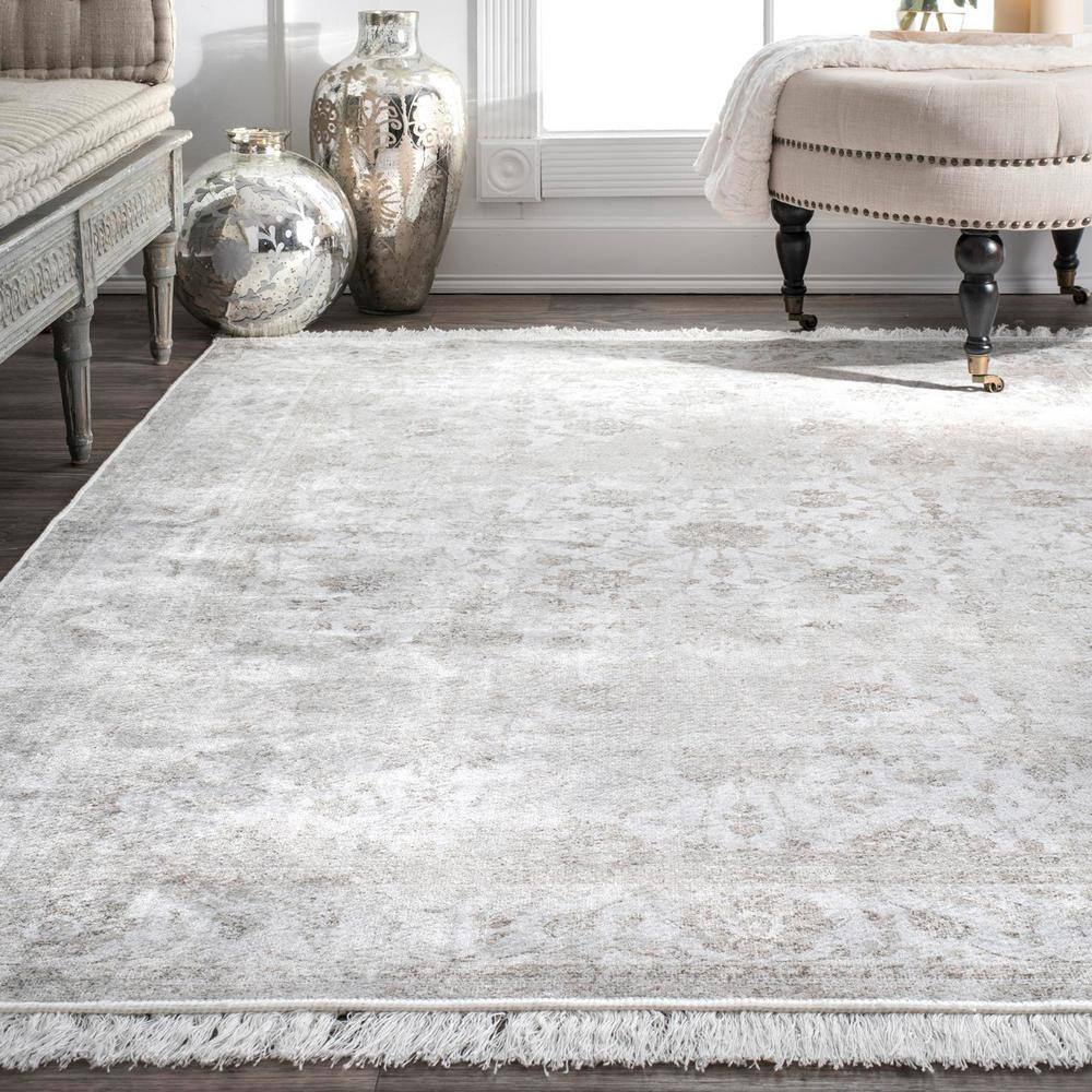 Ivory Floral Rectangular Viscose Area Rug with Fringe, 5' x 8'