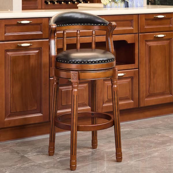 Abe 41.7 in. H Black+Brown Solid Wood Bar Stool with Genuine Leather Seat, 360 Degree Swivel Bar Height Chair with Back