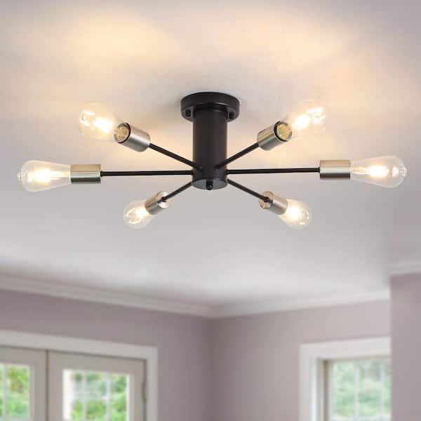 LWYTJO Theis 22 in. 6-Light Black/Nickel Semi Flush Mount Sputnik Chandelier Modern Linear Kitchen Ceiling Mount Light