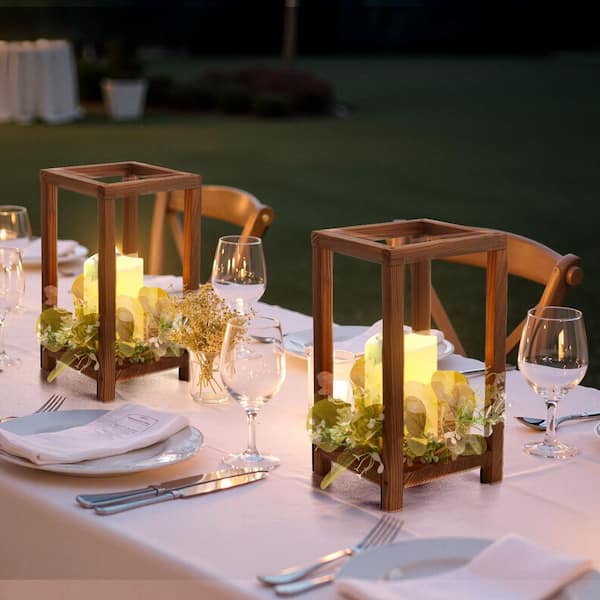 Brown Wooden Wedding Lantern Centerpiece, Includes 12-Wooden Lantern Candle Holder 12-Flameless LED Candle, 12 Set/36Pcs