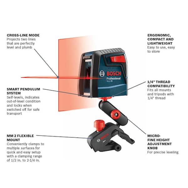 Pat Suffix Incident, event Bosch 30 ft. Cross Line Laser Level Self Leveling with 360 Degree Flexible  Mounting Device and Carrying Pouch GLL 30 S - The Home Depot