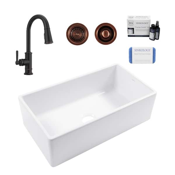 Bradstreet II 33 in. Farmhouse Apron Front Undermount Single Bowl White Fireclay Kitchen Sink with Bronze Faucet Kit