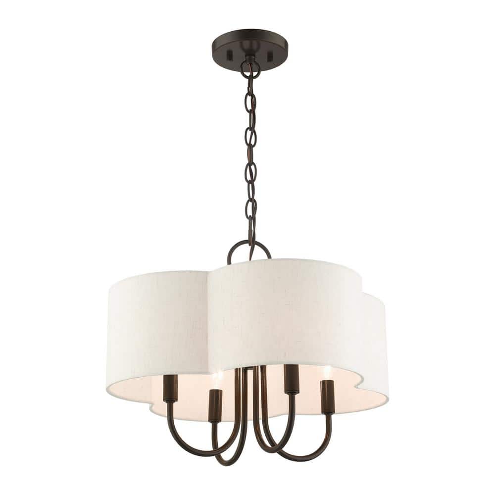 English Bronze Solstice Drum Chandelier with Oatmeal Shade