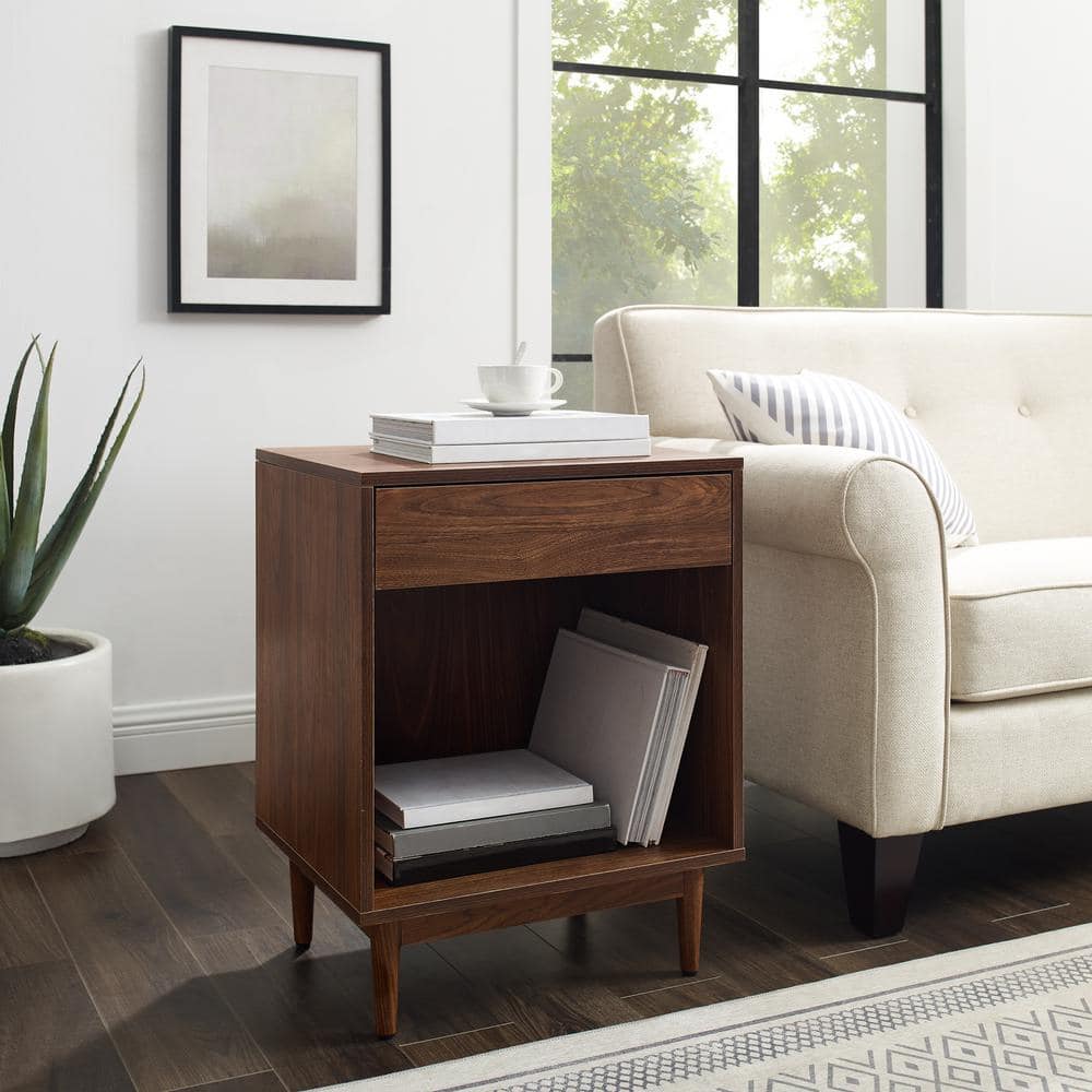 Liam Mid-Century Walnut Wood Side Table with Record Storage