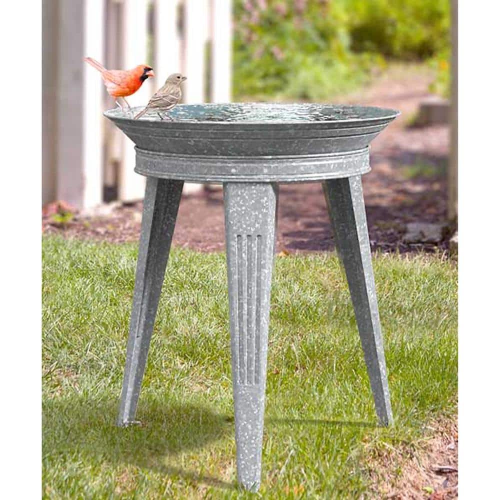 Gray Galvanized Metal Bird Bath with Pedestal Stand