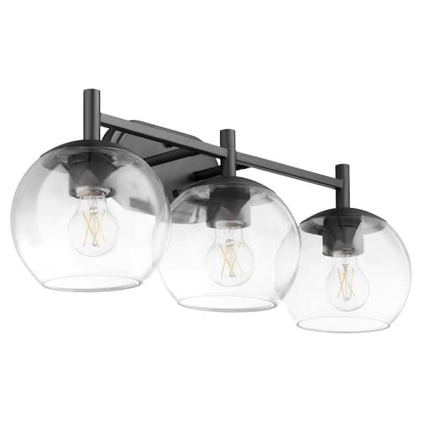 Quorum International Lyon 3-Light - 100-Watt Medium Lamp Base Light Vanity 24 in. Width with 3 Clear Glass Diffusers Matte Black