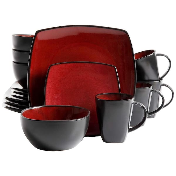 Gibson Home Soho Lounge 16-Piece Red Soft Square Stoneware Dinnerware Set