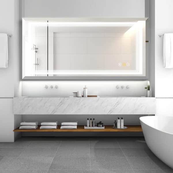 HBEZON Siren 72 in. W x 36 in. H Medium Rectangular Frameless LED Dimmable Anti-Fog Wall Mount Bathroom Vanity Mirror in Silver