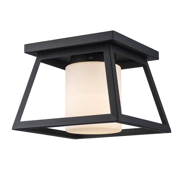 Cardston 1-Light Black Outdoor Flush Mount Ceiling Light Fixture with White Opal Glass