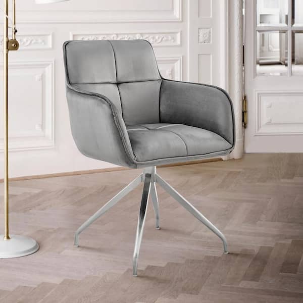 Armen Living Noah Dining Room Accent Chair in Grey Velvet and Brushed Stainless Steel