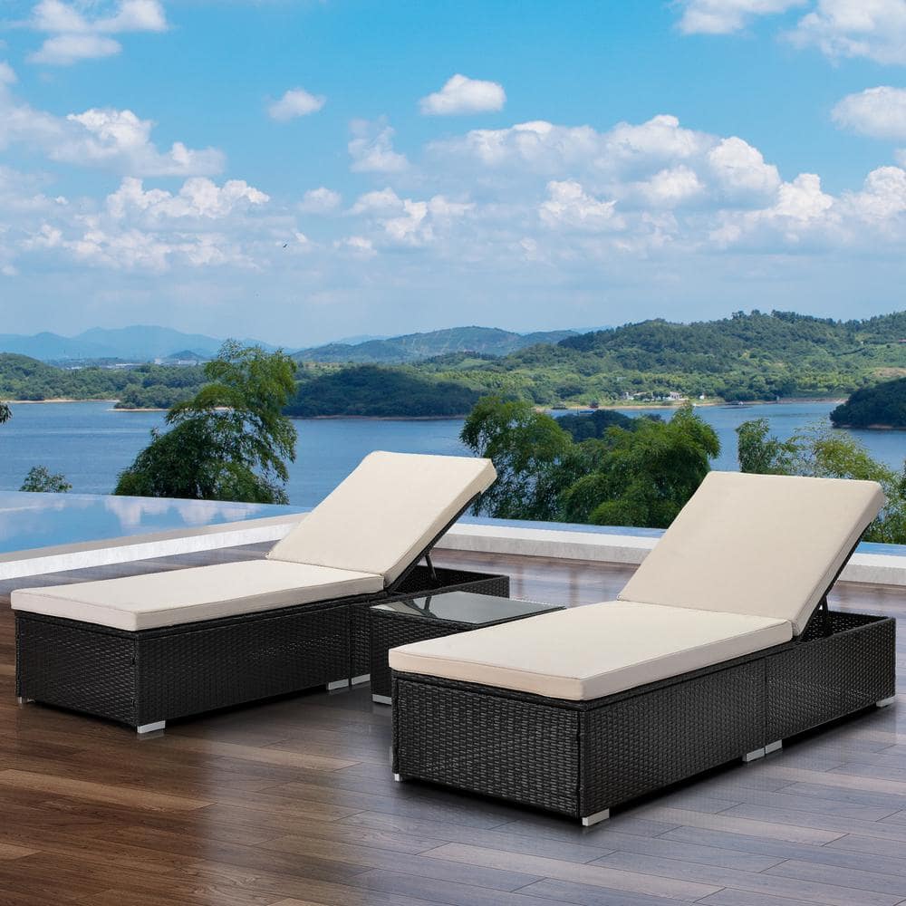 3-Piece Wicker Adjustable Outdoor Chaise Lounge with Beige Cushions ...