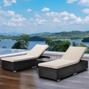 3-Piece Wicker Adjustable Outdoor Chaise Lounge with Beige Cushions, Patio Recliner Chair Set with Side Table