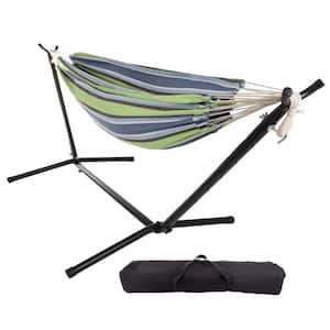 9 ft. 2-Person Free Standing Double Fabric Hammock Bed with Stand in Blue, Lime, and White Stripes