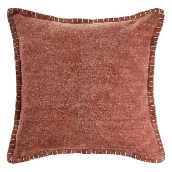 Unbranded Aegean Clay Solid Color Embroidered Border Cozy Poly-Fill 24 in. x 24 in. Throw Pillow