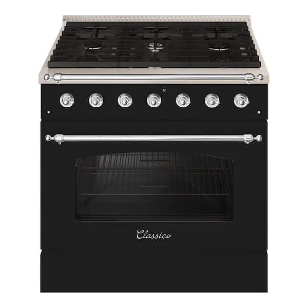 Hallman CLASSICO 36 in. 6 Burner Freestanding Dual Fuel Range with Gas Stove and Electric Oven in Black Stainless Steel