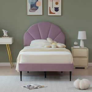 Purple Frame Twin Size of Luxury Velvet Platform Bed with Seashell-Shaped Headboard