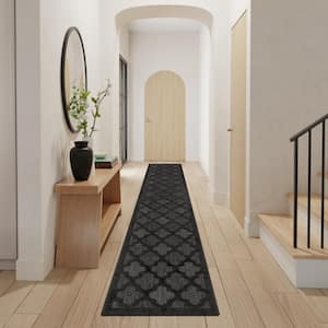 Easy Care Charcoal Black 2 ft. x 16 ft. Trellis Contemporary Runner Area Rug