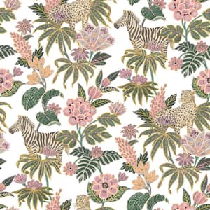Into The Wild Green and Pink Metallic Floral with Leopards And Zebras Non-Pasted Non-Woven Paper Wallpaper Roll