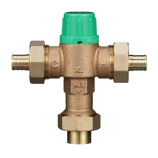 3/4 in. ZW1017XL Aqua-Gard Thermostatic Mixing Valve with (2) PEX and (1) Copper Sweat Tailpieces, Union Nuts Lead Free