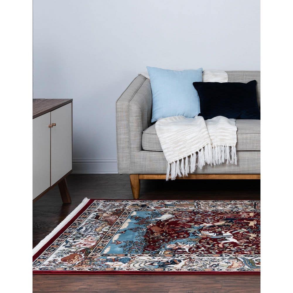 Burgundy and Tan Floral Rectangular Synthetic Area Rug