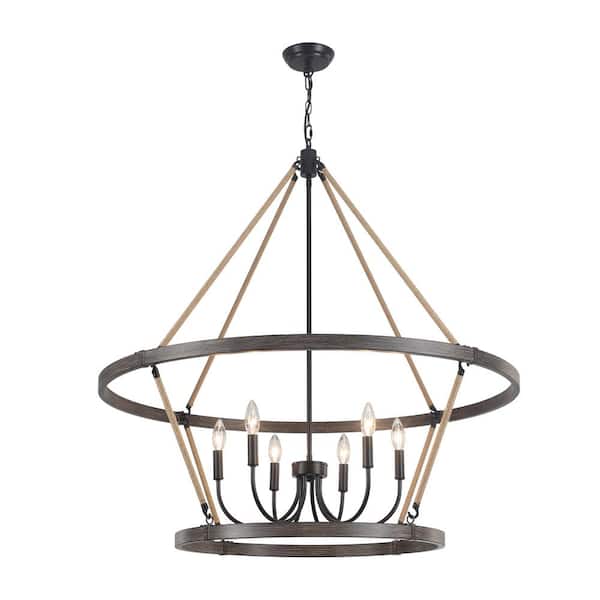 ADSENSTY 6 Light 2-Tiers Imitation Wood Grain Wagon Wheel Farmhouse Chandelier for Kitchen Island with No Bulbs Included