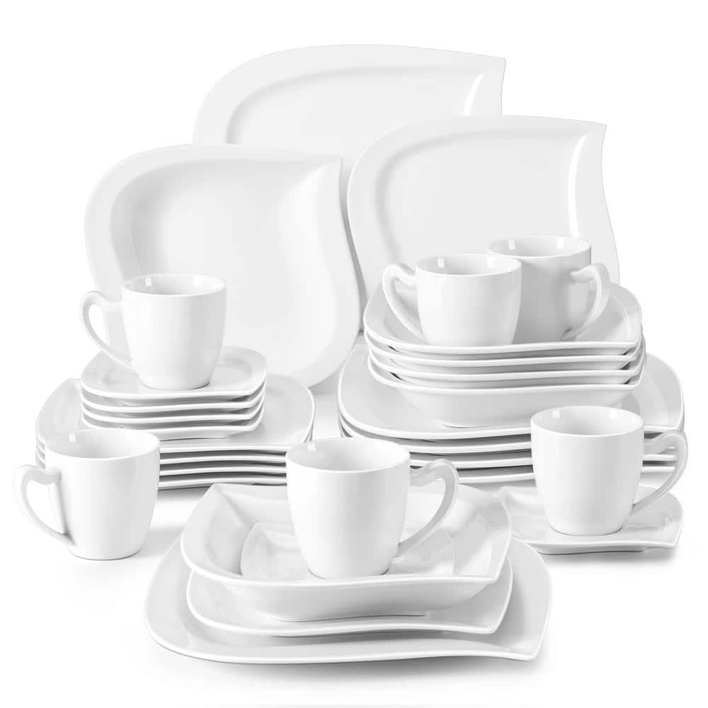 4-Piece Ivory White Porcelain Dinner Combi-Set with 11 Rectangular Plates and 13.25 Rectangular Plates Serving Platters Tray MALACASA Series Elvira 