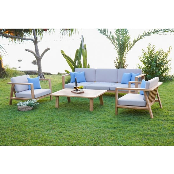 DIRECT WICKER Bunny Teak Finish 4-Piece Wood Patio Conversation Set with Gray Cushions