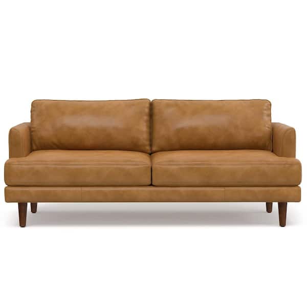 Livingston Mid-Century Modern 76 in. Straight Arm Genuine Leather Wide Rectangle Sofa in Sienna