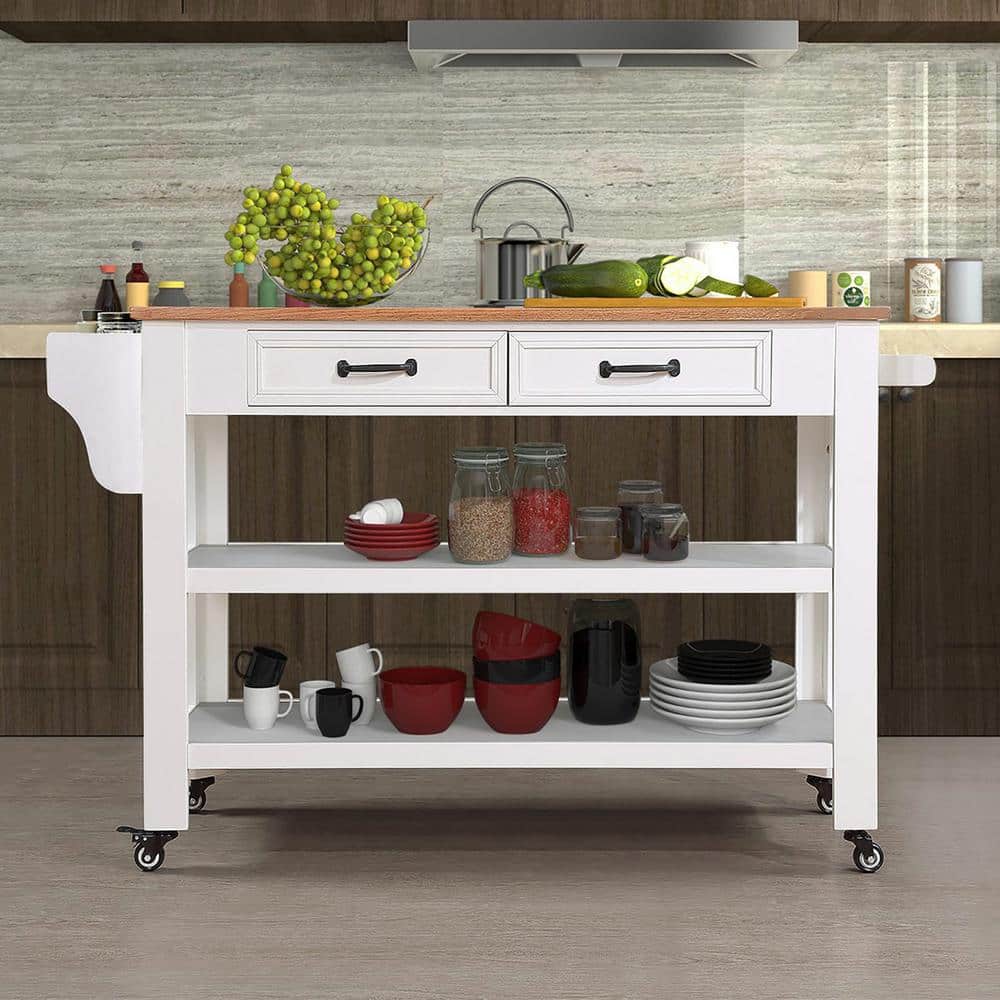 Milk White Oak wood Kitchen Cart with Spice Rack and Towel Rack