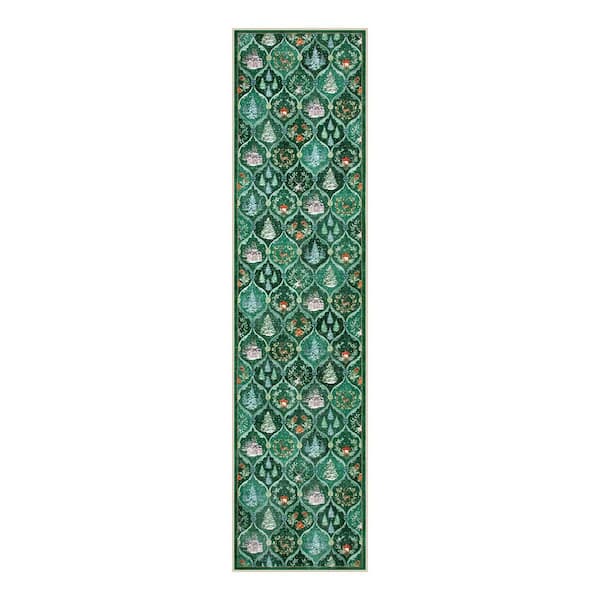 Christmas World 2 ft. x 8 ft. Green Christmas Village Pattern Washable Runner Rug