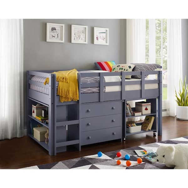 Homestock Gray Twin Loft Bed With Desk, Children S Loft Bed With Storage