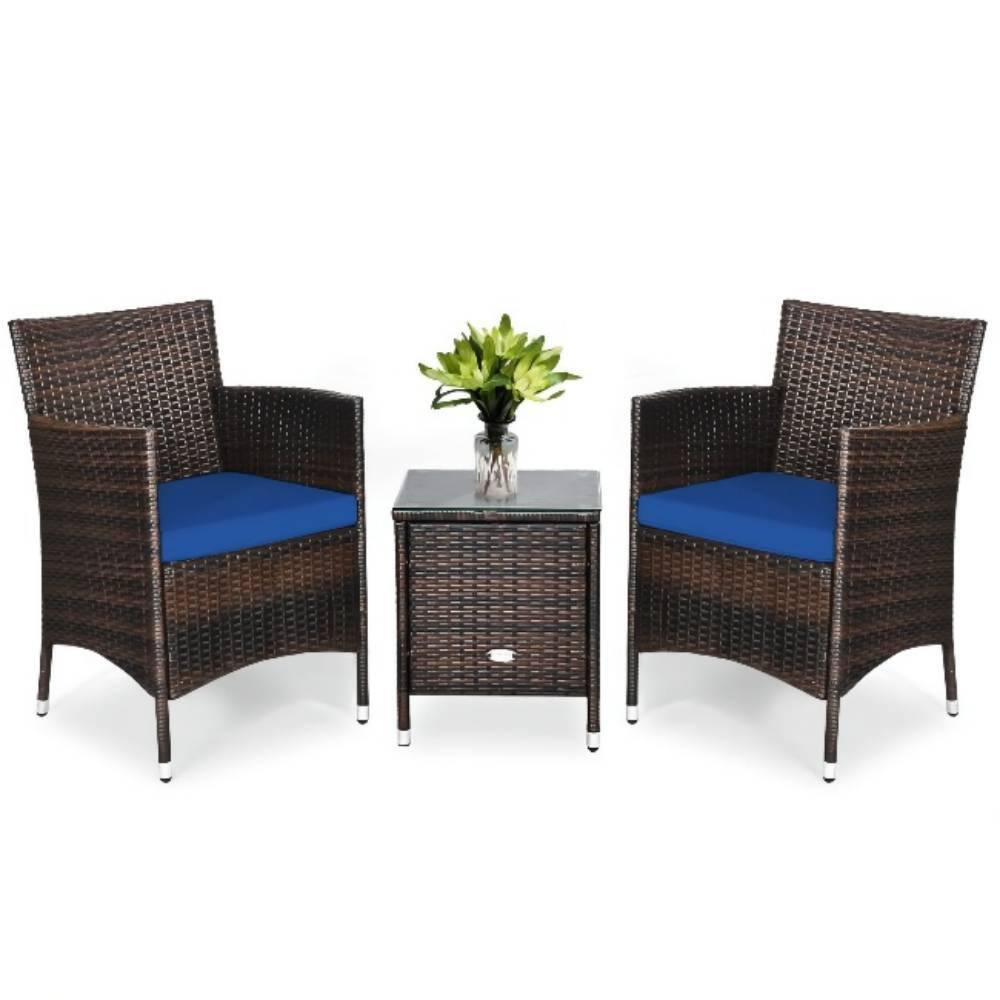 3-Piece PE Rattan Wicker Patio Conversation Set Outdoor Chairs and Coffee Table with Navy Blue Cushion price history on PriceWatchPro
