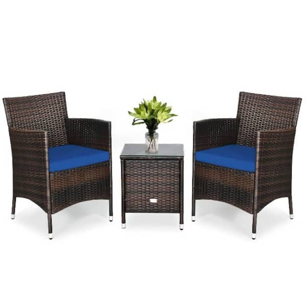Alpulon 3-Piece PE Rattan Wicker Patio Conversation Set Outdoor Chairs and Coffee Table with Navy Blue Cushion