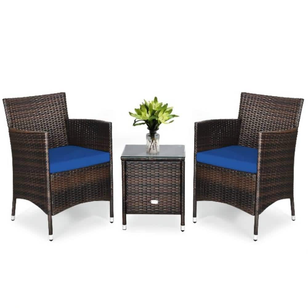 3-Piece PE Rattan Wicker Patio Conversation Set Outdoor Chairs and Coffee T