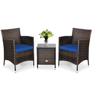 3-Piece PE Rattan Wicker Patio Conversation Set Outdoor Chairs and Coffee Table with Navy Blue Cushion