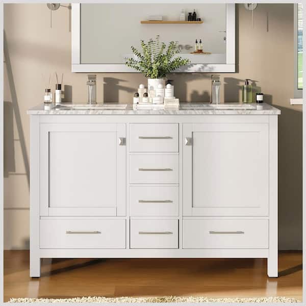 Eviva London 48 in. W x 18 in. D x 34 in. H Double Bathroom Vanity in White with White Carrara Marble Top with White Sinks