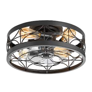 16.5 in. Indoor Matte Black Caged Flush Mount Industrial Ceiling Fan with Metal Light Kit and Remote Control Included