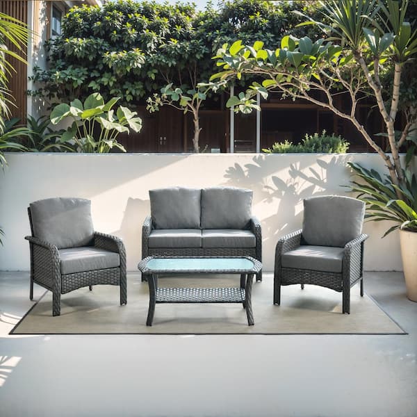 Unbranded New Hyacinth Gray 4-Piece Wicker Patio Outdoor Conversation Seating Set with a Coffee Table and Dark Gray Cushions