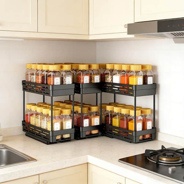 3-Pack 2-Shelf Black Cabinet Pull-Out Spice Rack Organizer, Holds 10 Jars Per Tier for Kitchen Pantry, Cabinet Storage