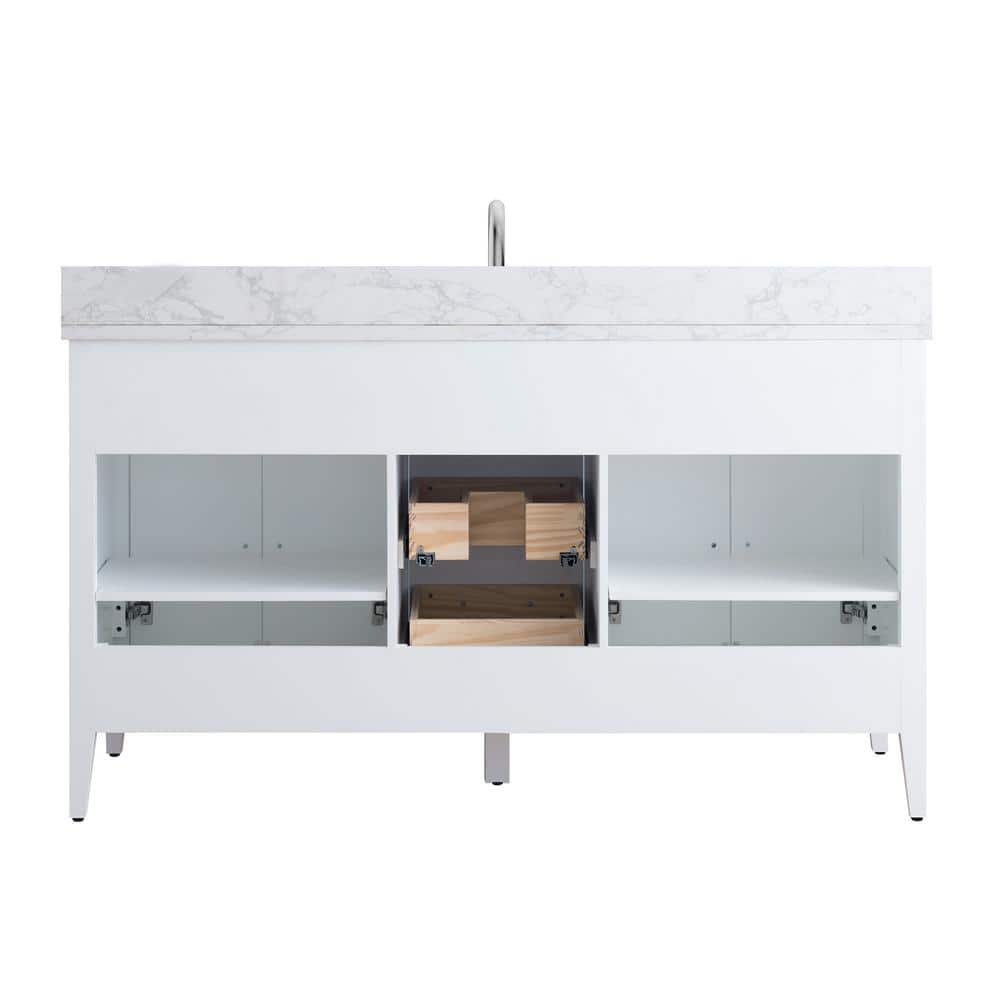 60'' White MDF Freestanding Bathroom Vanity with Engineered Marble Top